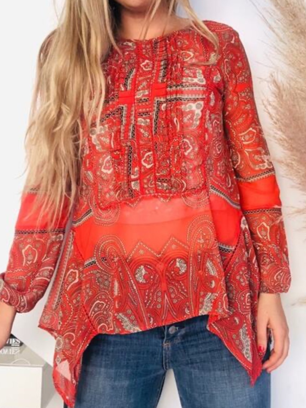 Love Sam Orange Paisley Long-Sleeve Tunic Blouse